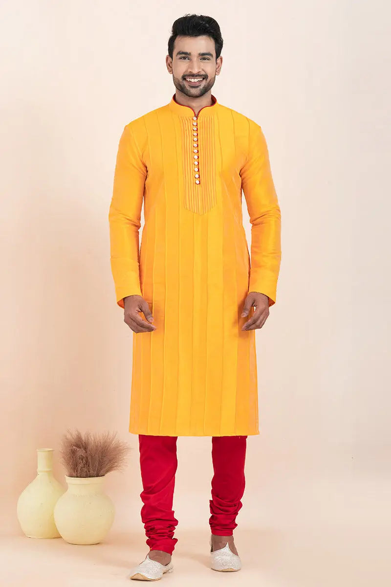 Yellow & Red Banarasi Silk Printed Kurta Pajama Set - Traditional Wear RTI