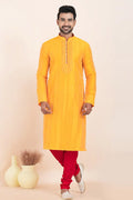 Yellow & Red Banarasi Silk Printed Kurta Pajama Set - Traditional Wear RTI