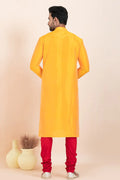 Yellow & Red Banarasi Silk Printed Kurta Pajama Set - Traditional Wear RTI