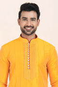 Yellow & Red Banarasi Silk Printed Kurta Pajama Set - Traditional Wear RTI