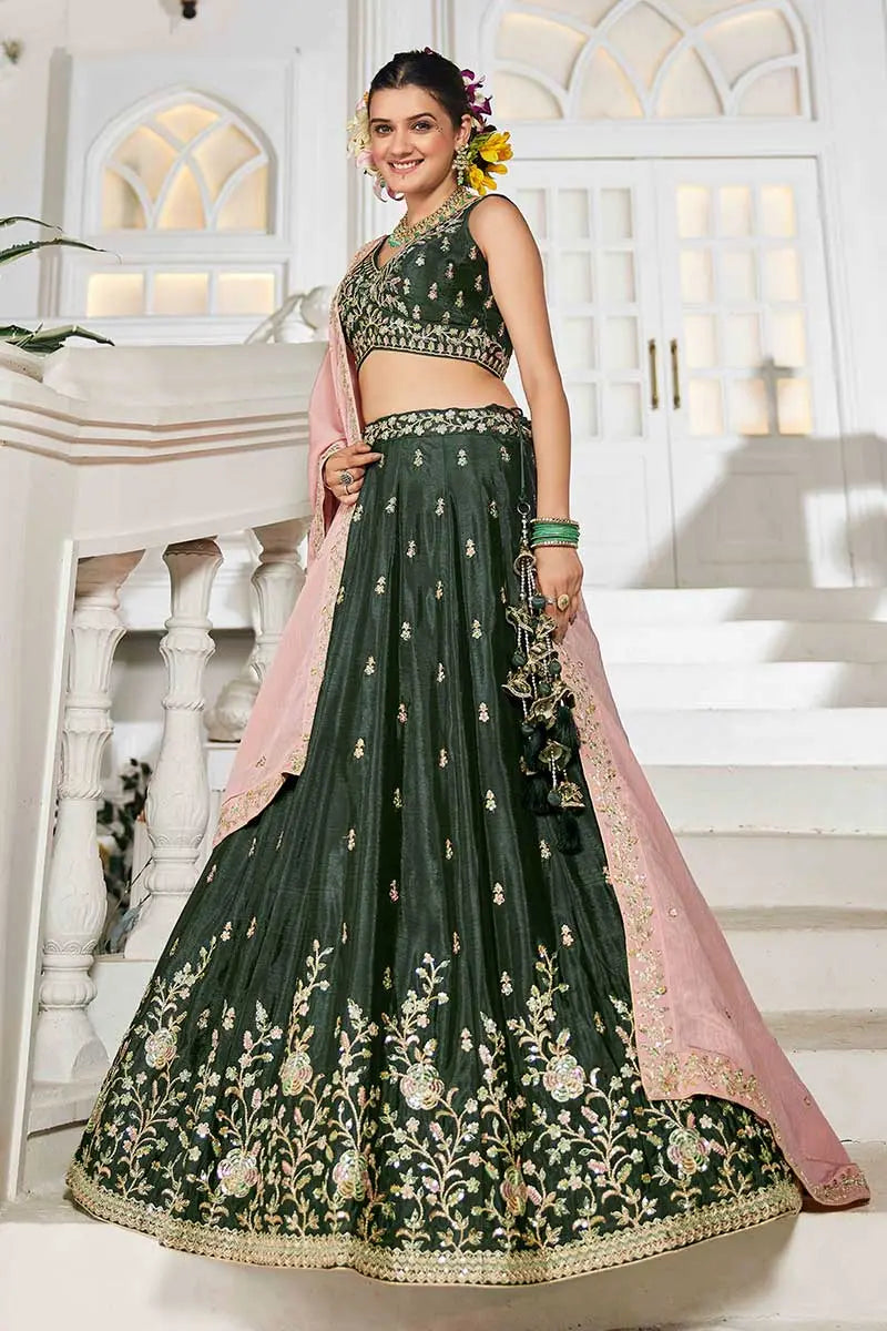 elegant lehenga Olive Embroidered with Pink Dupatta – Festive & Wedding Wear RTI
