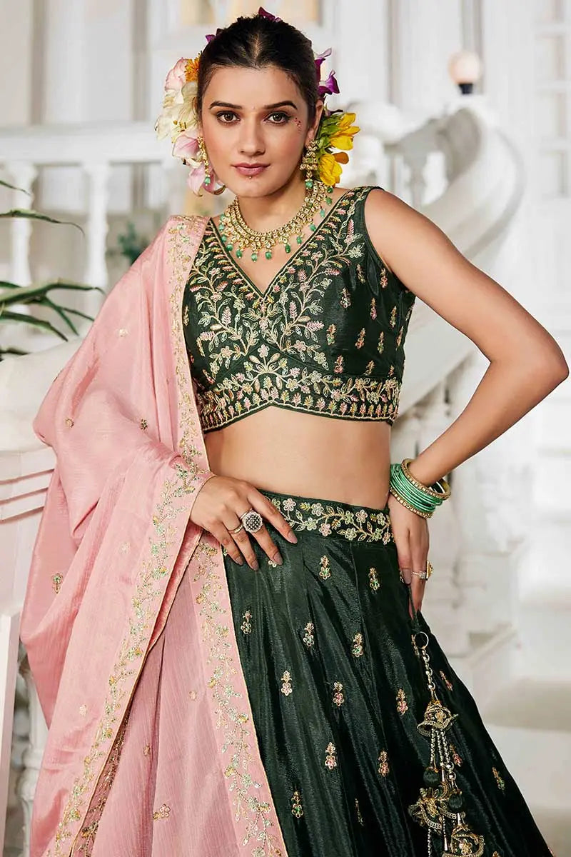 elegant lehenga Olive Embroidered with Pink Dupatta – Festive & Wedding Wear RTI