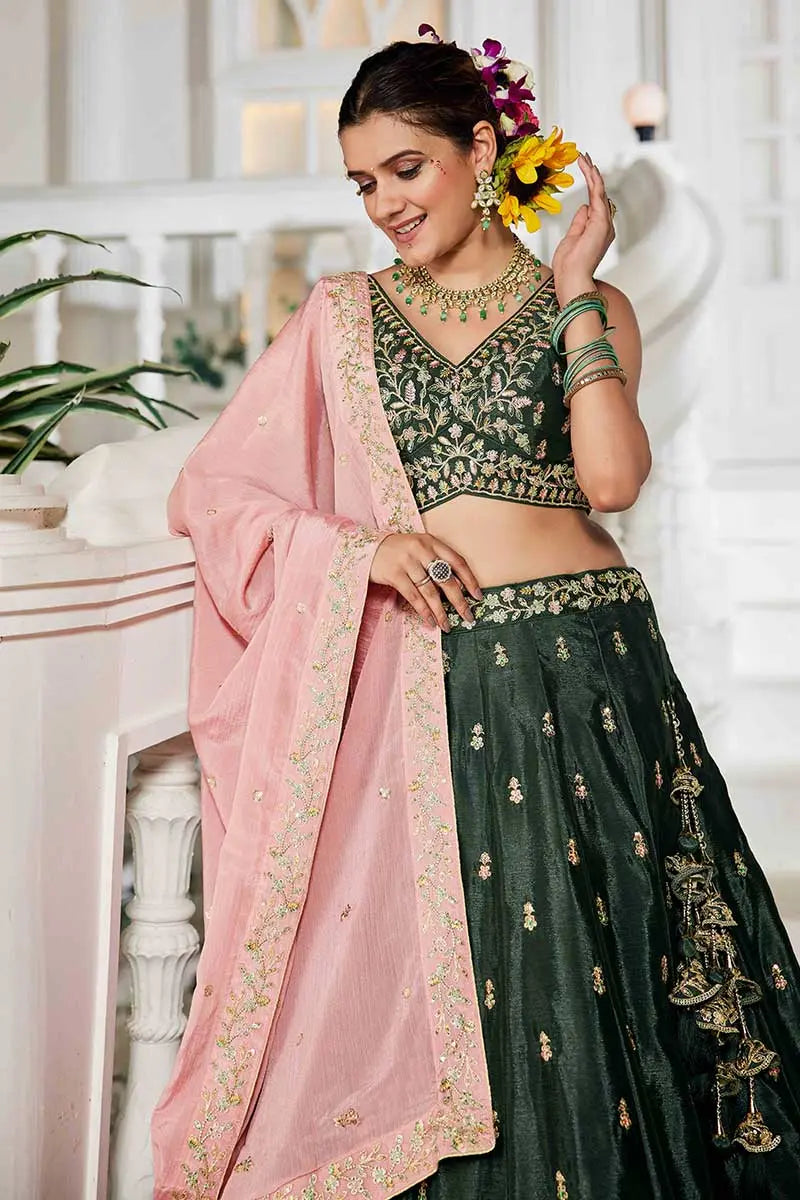 elegant lehenga Olive Embroidered with Pink Dupatta – Festive & Wedding Wear RTI