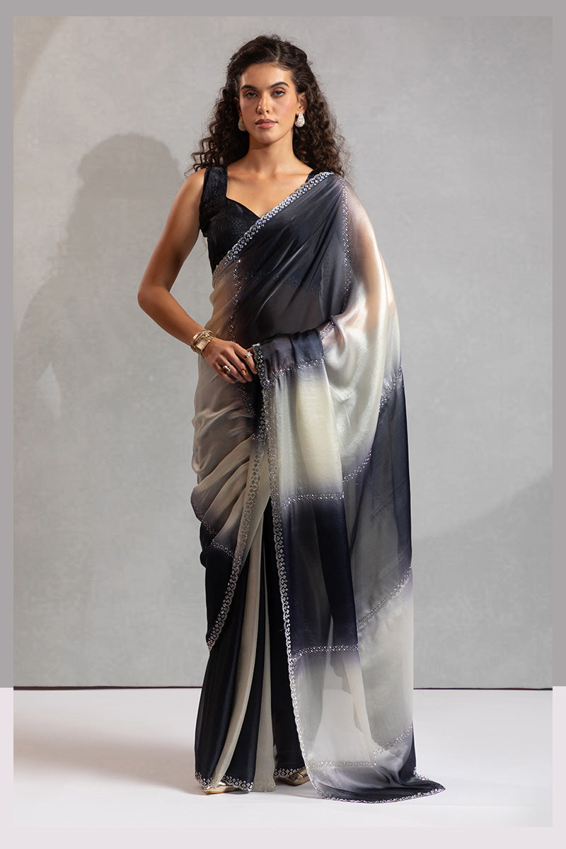 Black & Cream Beads Work Satin Saree with Sequin Border LF