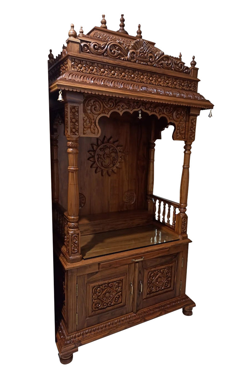 Hand-Carved Teak Wood Open-Front Pooja Mandir with Base Cabinet & Drawers INDIGO ETHNICS
