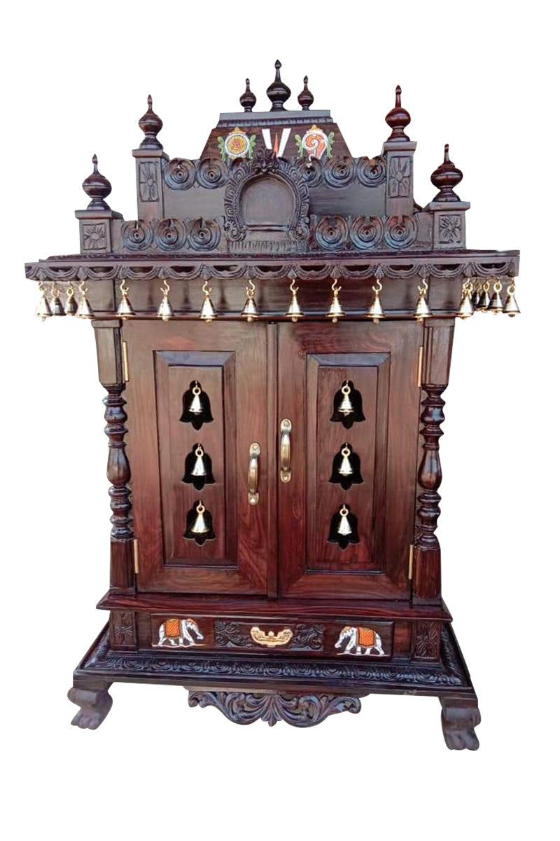 Sheesham Wood Closed Pooja Mandir with Brass Bells & Storage Drawer INDIGO ETHNICS