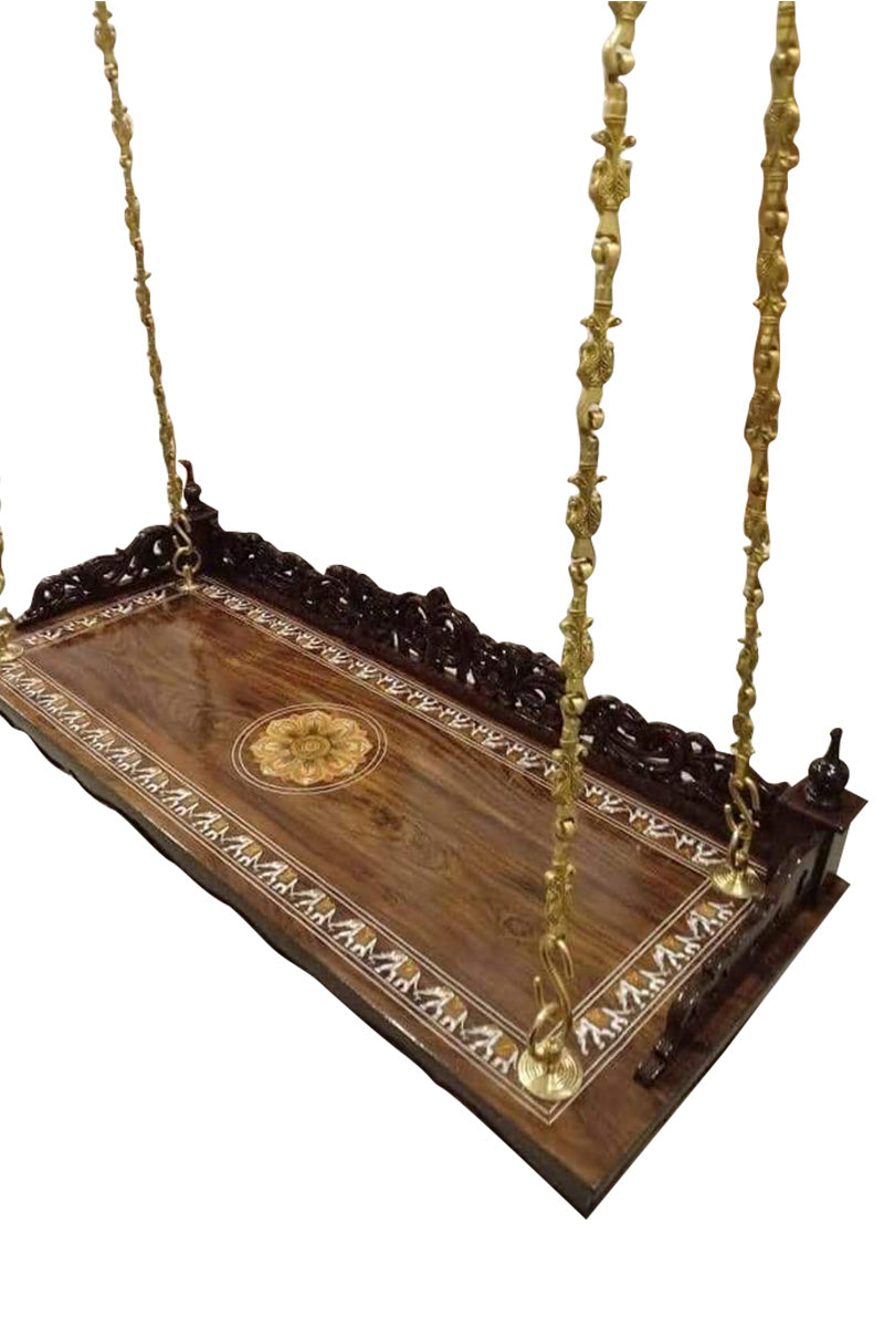 Handcrafted Wooden Jhula Swing with Brass Chains and Floral Inlay INDIGO ETHNICS