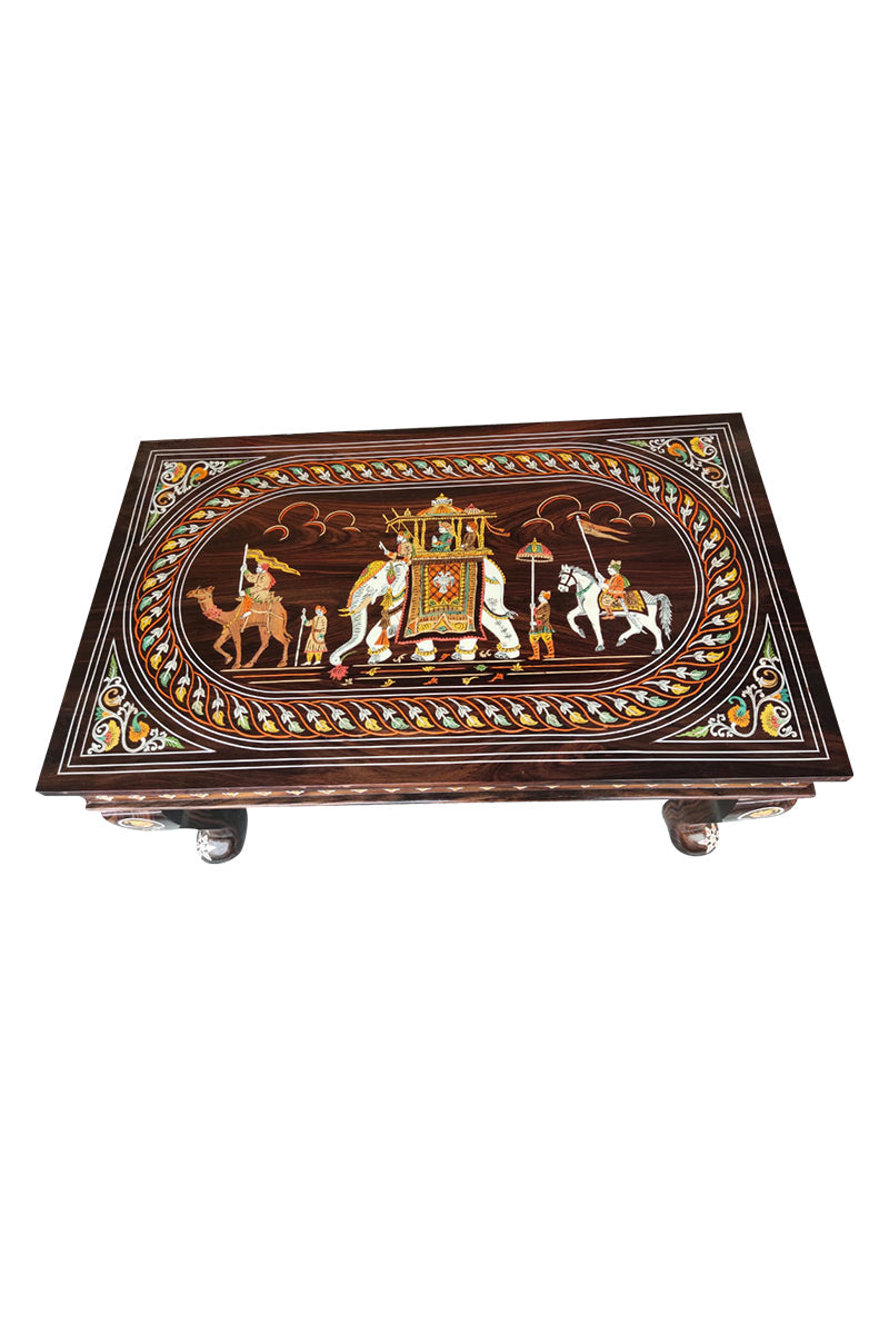Handcrafted Wooden Coffee Table with Royal Procession Inlay INDIGO ETHNICS