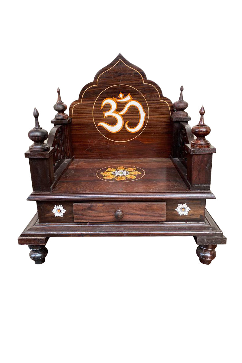 Handcrafted Wooden Pooja Mandir with Om Symbol & Drawer INDIGO ETHNICS