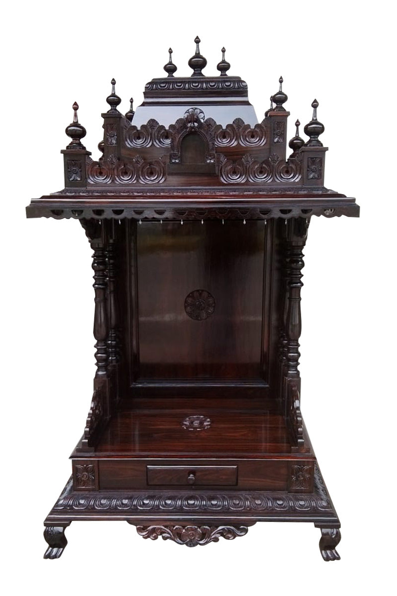 Hand-carved Dark Wood Mandir with Decorative Top & Drawer INDIGO ETHNICS