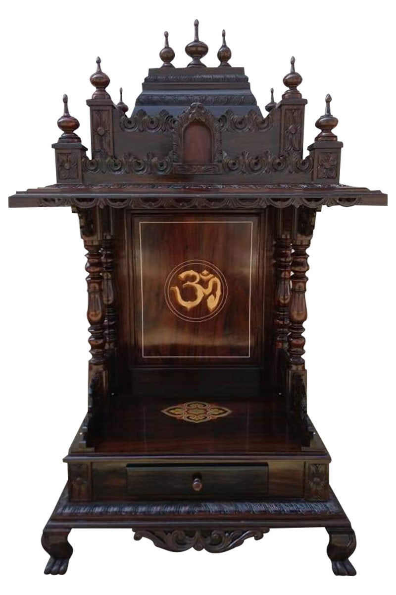 Grand Handcrafted Wooden Pooja Mandir with Dome & Om Symbol INDIGO ETHNICS