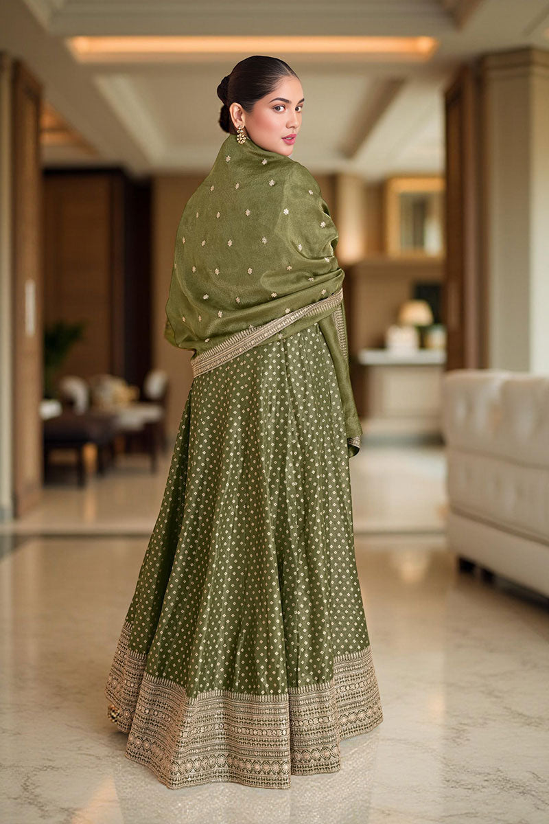Elegant Olive Green Anarkali Suit with Golden Detailing RTI