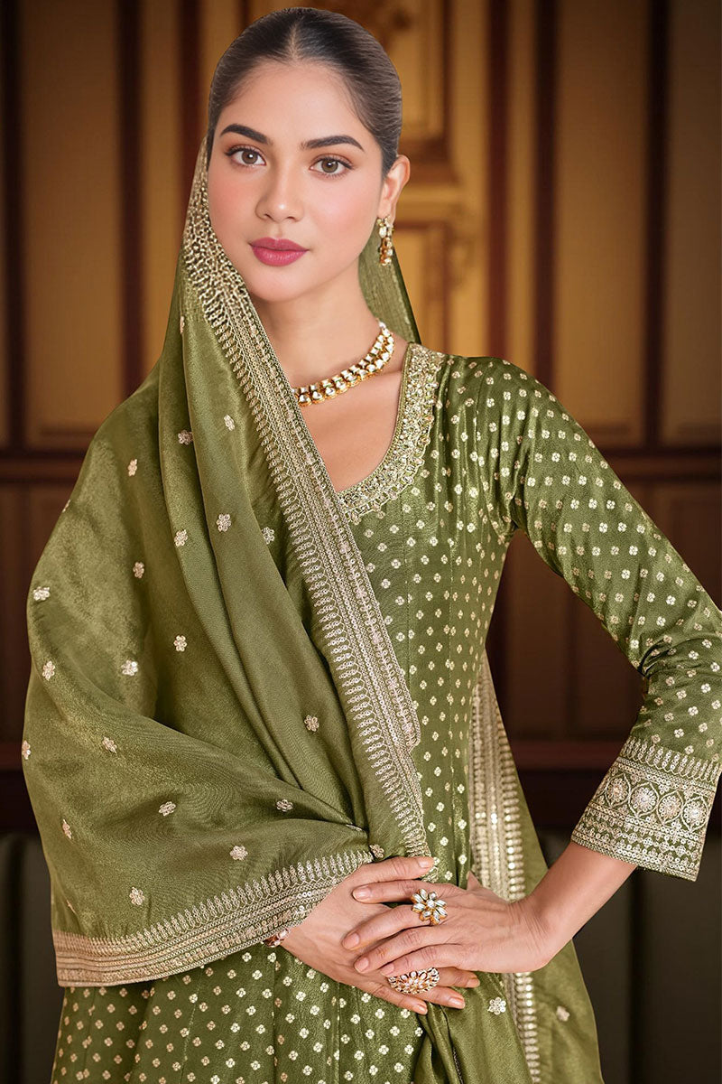 Elegant Olive Green Anarkali Suit with Golden Detailing RTI