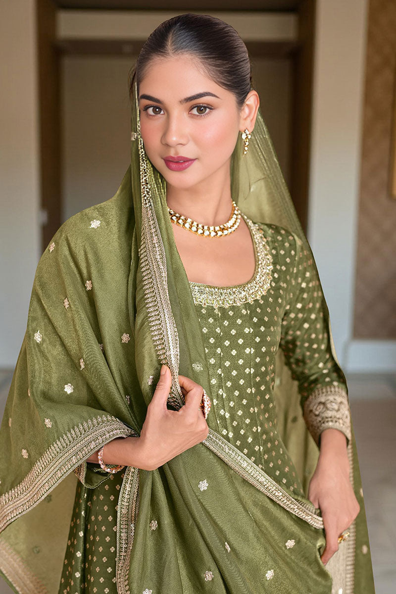 Elegant Olive Green Anarkali Suit with Golden Detailing RTI