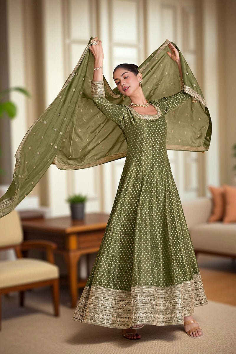 Elegant Olive Green Anarkali Suit with Golden Detailing RTI