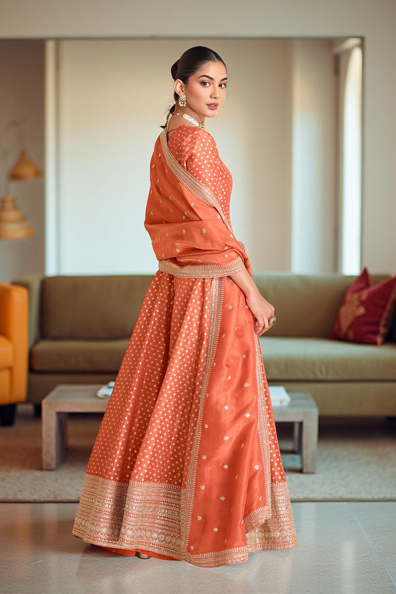 Elegant Orange Anarkali Suit with Golden Detailing RTI