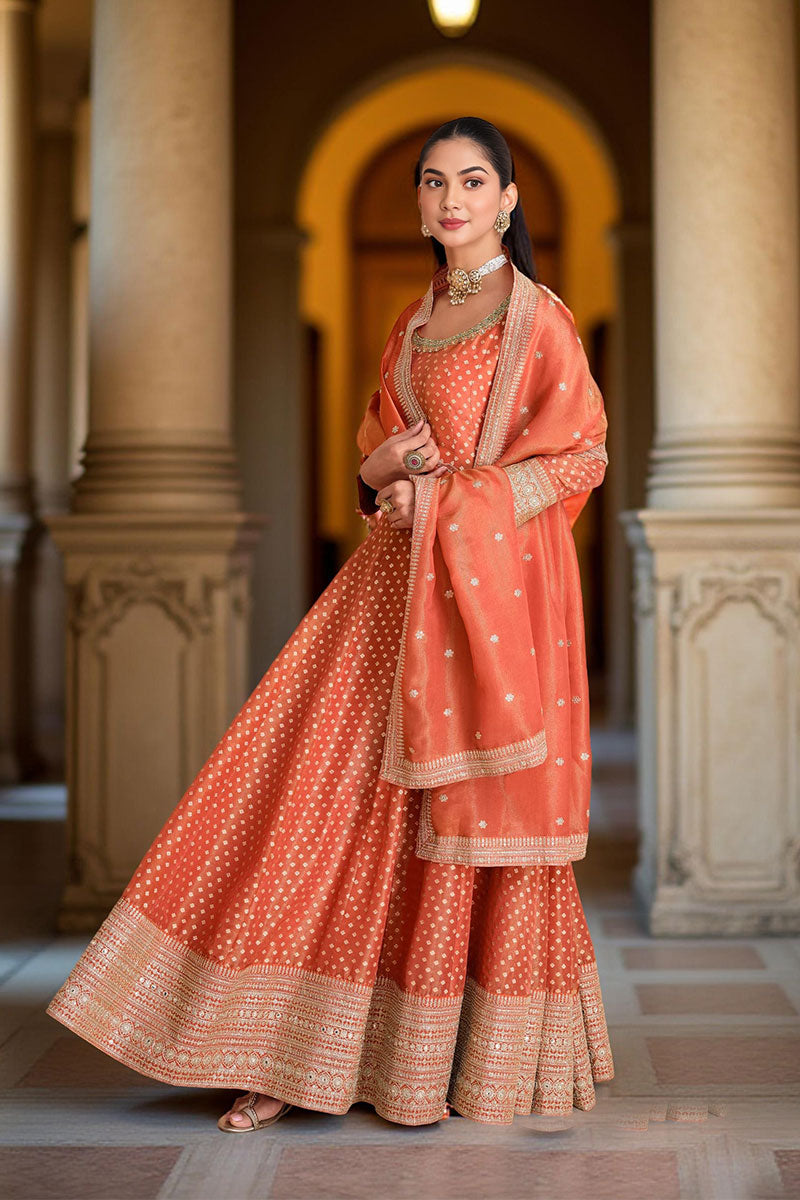 Elegant Orange Anarkali Suit with Golden Detailing RTI