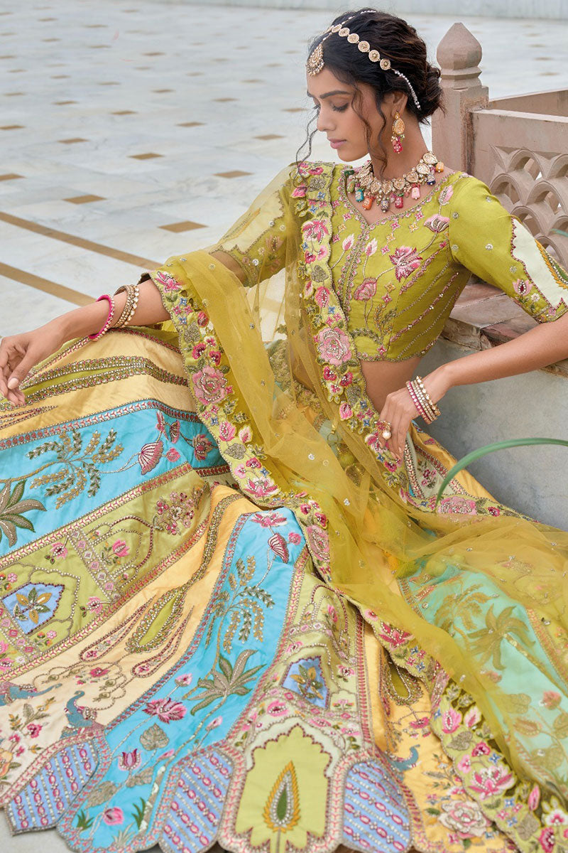 Pastel Yellow & Blue Embroidered Lehenga Set with Mirror & Floral Detailing RTI