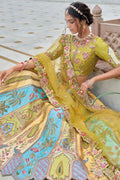 Pastel Yellow & Blue Embroidered Lehenga Set with Mirror & Floral Detailing RTI