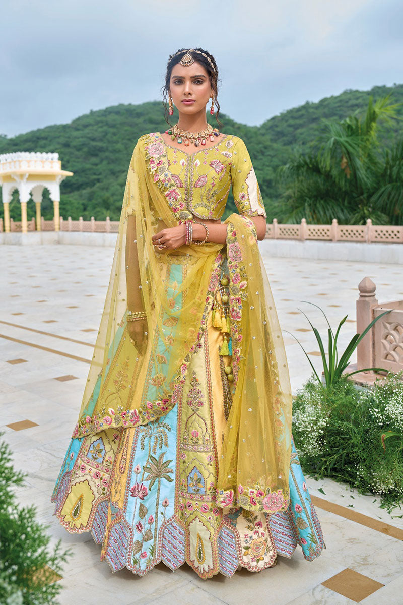 Pastel Yellow & Blue Embroidered Lehenga Set with Mirror & Floral Detailing RTI