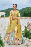 Pastel Yellow & Blue Embroidered Lehenga Set with Mirror & Floral Detailing RTI