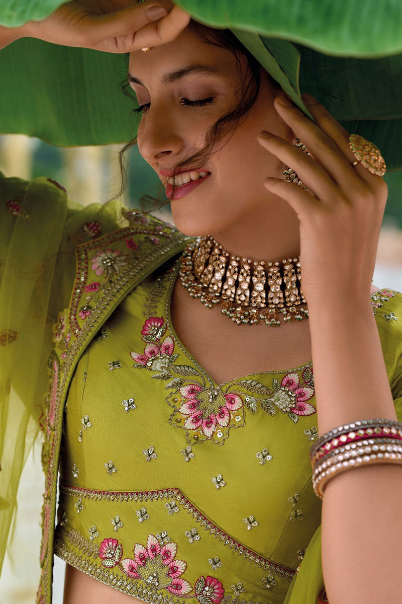 Parrot Green Embroidered Lehenga Set with Mirror & Floral Detailing RTI