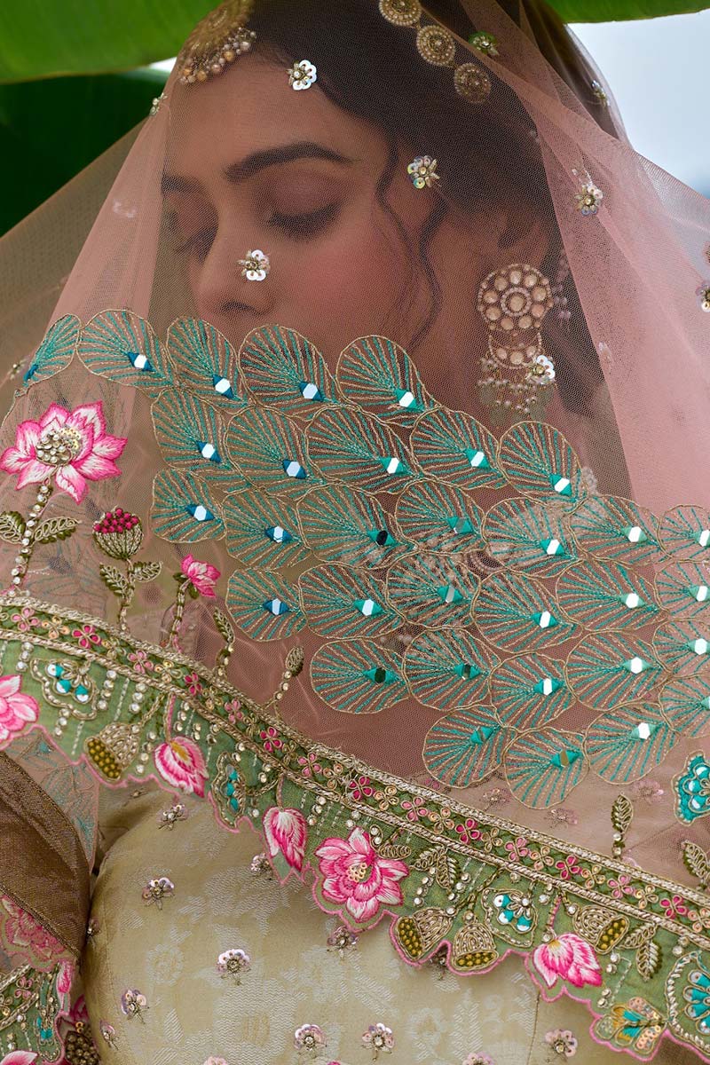 Ivory & Blush Multicolor Embroidered Lehenga with Peacock Motif & Mirror Work RTI