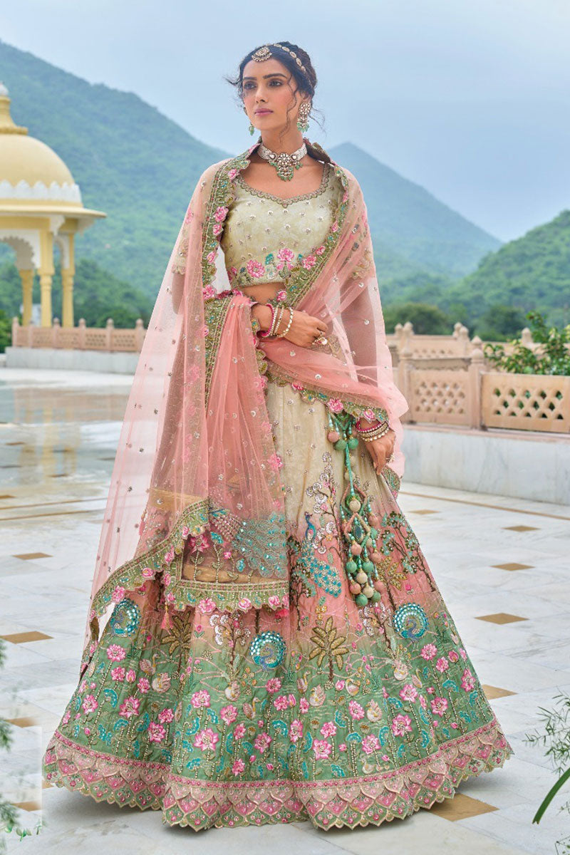 Ivory & Blush Multicolor Embroidered Lehenga with Peacock Motif & Mirror Work RTI