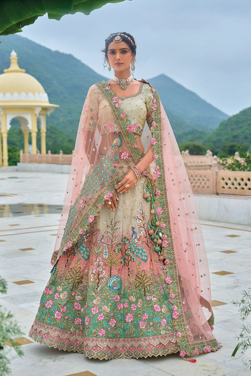 Ivory & Blush Multicolor Embroidered Lehenga with Peacock Motif & Mirror Work RTI