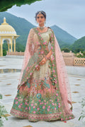 Ivory & Blush Multicolor Embroidered Lehenga with Peacock Motif & Mirror Work RTI