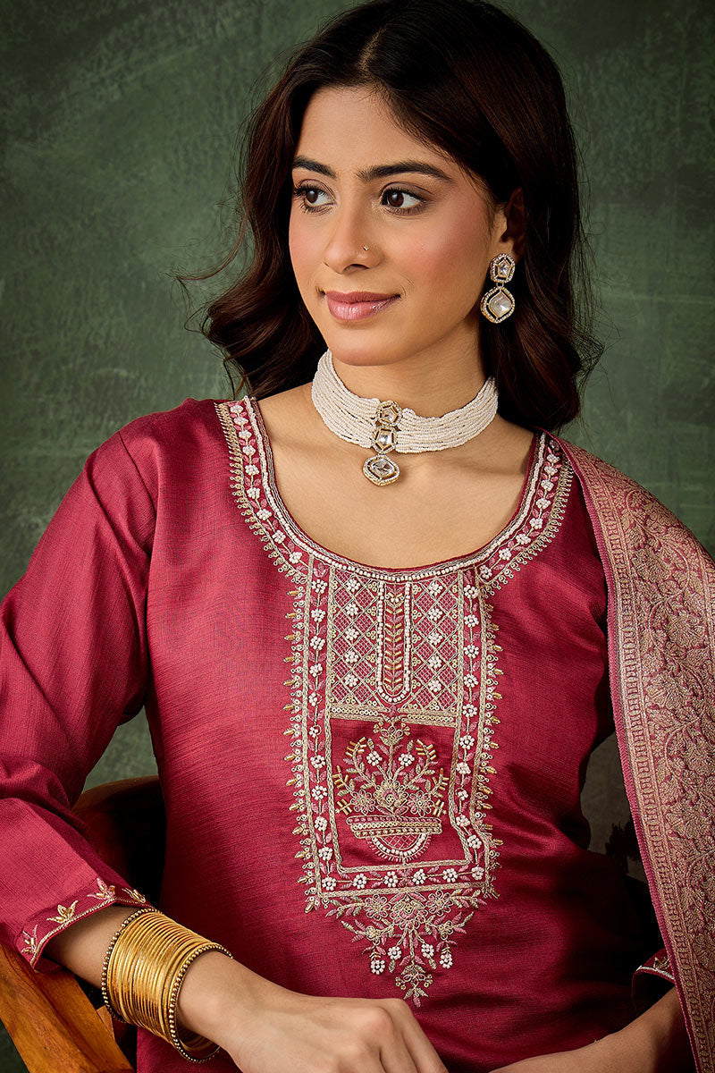 Elegant Pink Salwar suit with Golden Detailing Zari Work Dupatta RTI