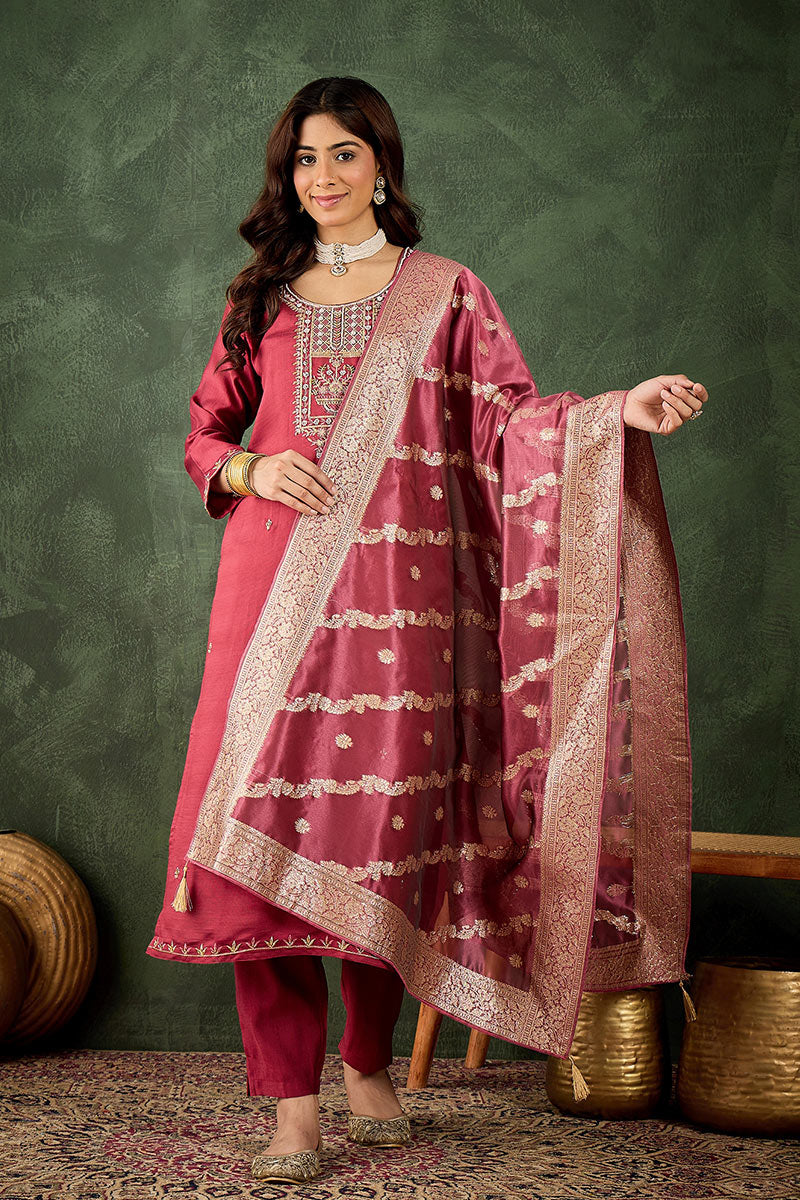 Elegant Pink Salwar suit with Golden Detailing Zari Work Dupatta RTI