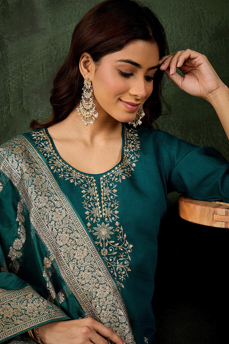 Elegant Green Salwar suit with Golden Detailing Zari Work Dupatta RTI