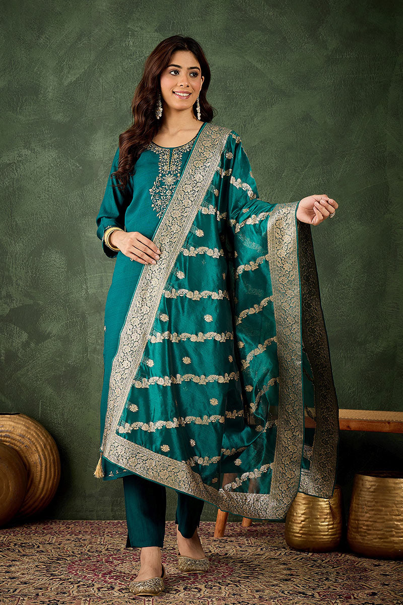 Elegant Green Salwar suit with Golden Detailing Zari Work Dupatta RTI