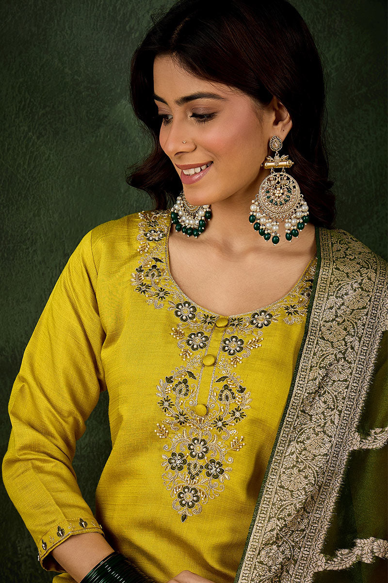 Elegant Lemon Green Salwar suit with Golden Detailing Zari Work Dupatta RTI
