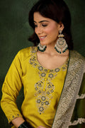 Elegant Lemon Green Salwar suit with Golden Detailing Zari Work Dupatta RTI