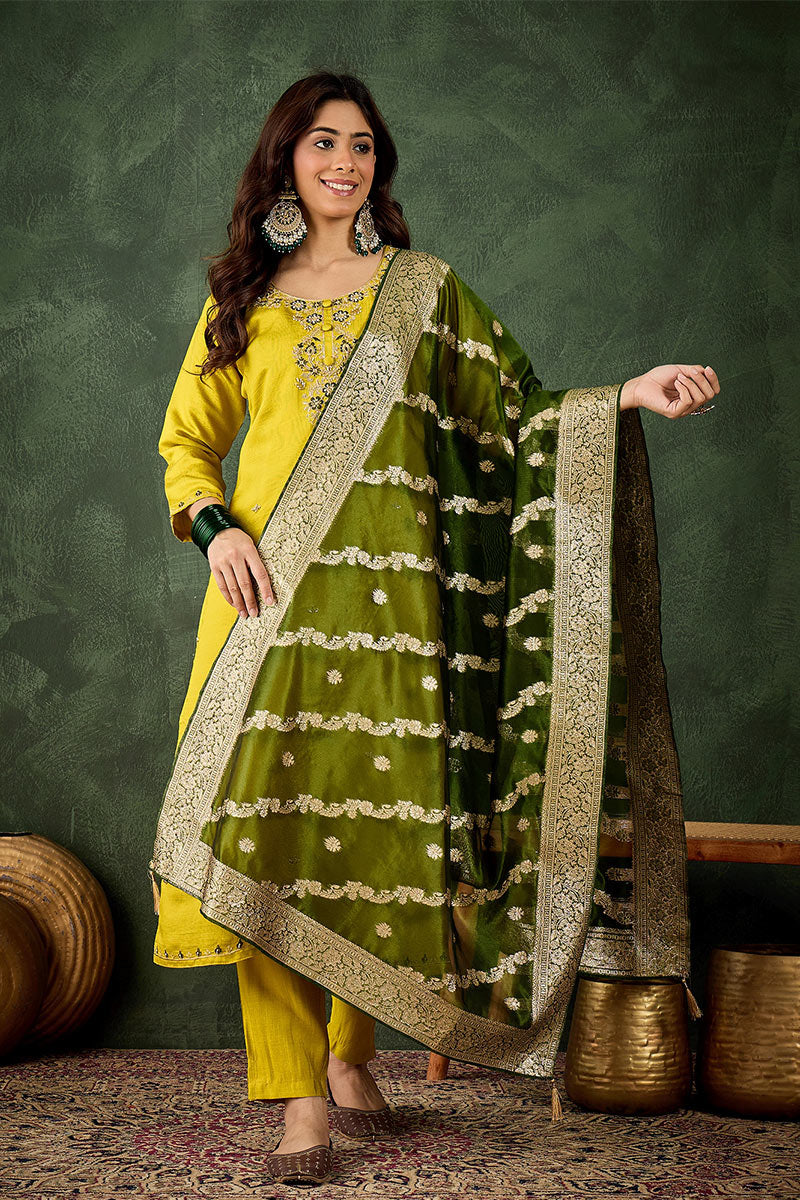Elegant Lemon Green Salwar suit with Golden Detailing Zari Work Dupatta RTI