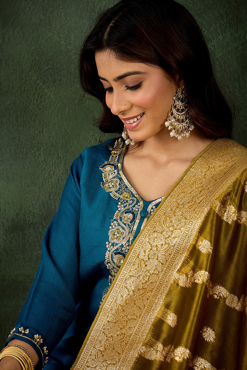 Elegant Teal Salwar suit with Golden Detailing Zari Work Dupatta RTI