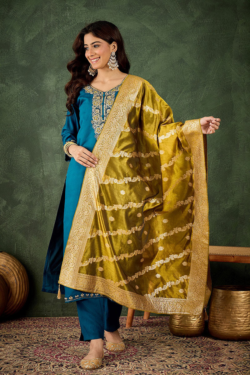 Elegant Teal Salwar suit with Golden Detailing Zari Work Dupatta RTI