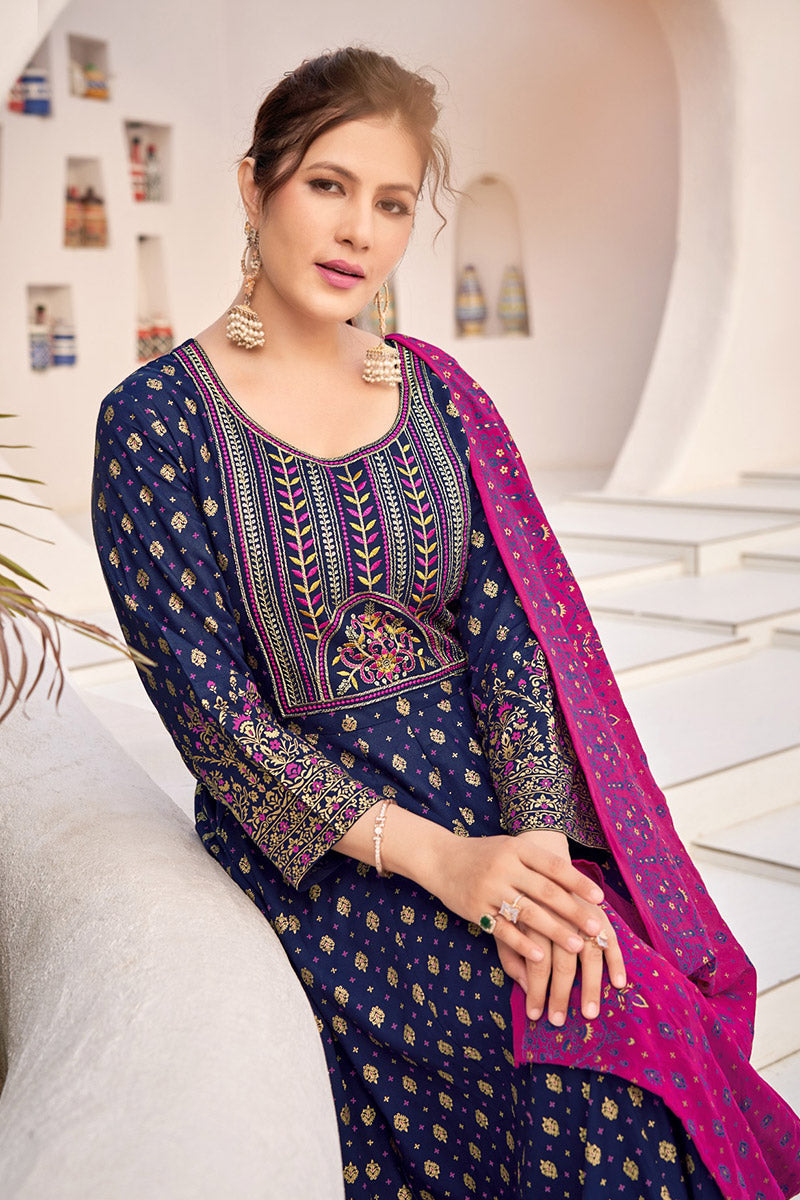 Navy Blue Embroidered Anarkali Dress | Elegant Party & Wedding Wear RTI