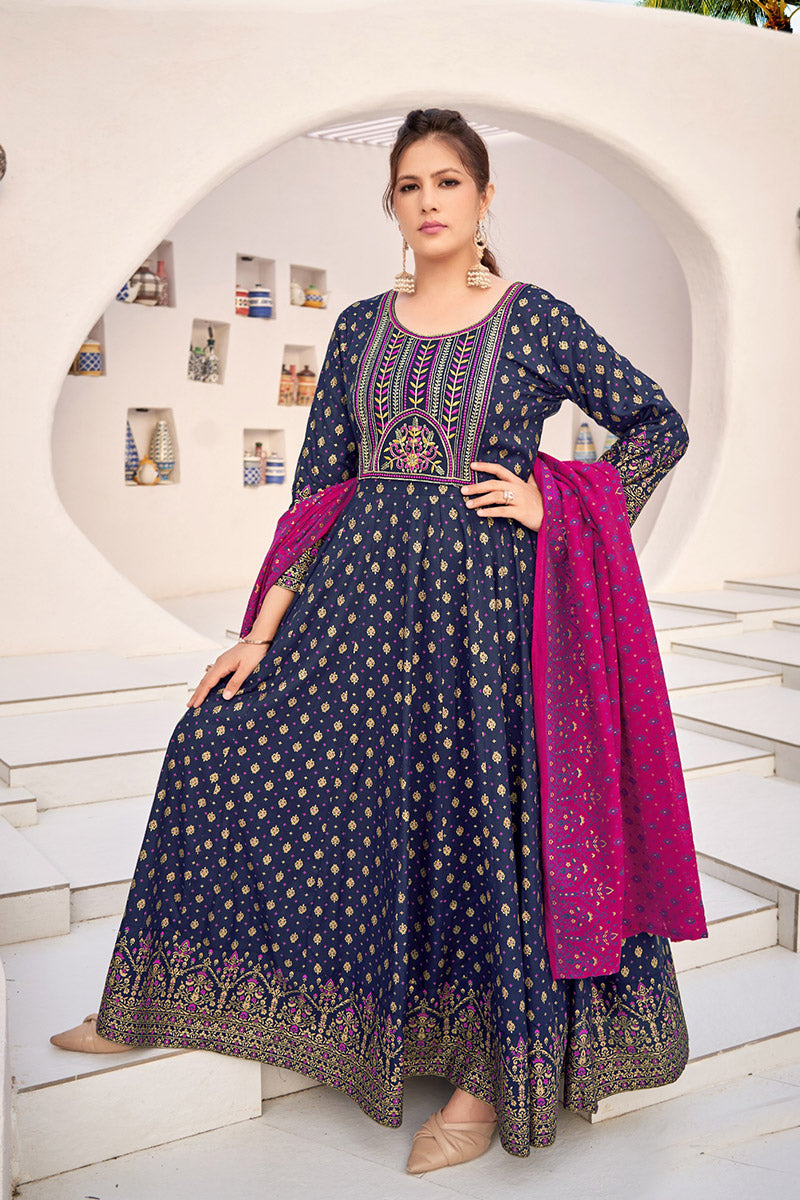 Navy Blue Embroidered Anarkali Dress | Elegant Party & Wedding Wear RTI