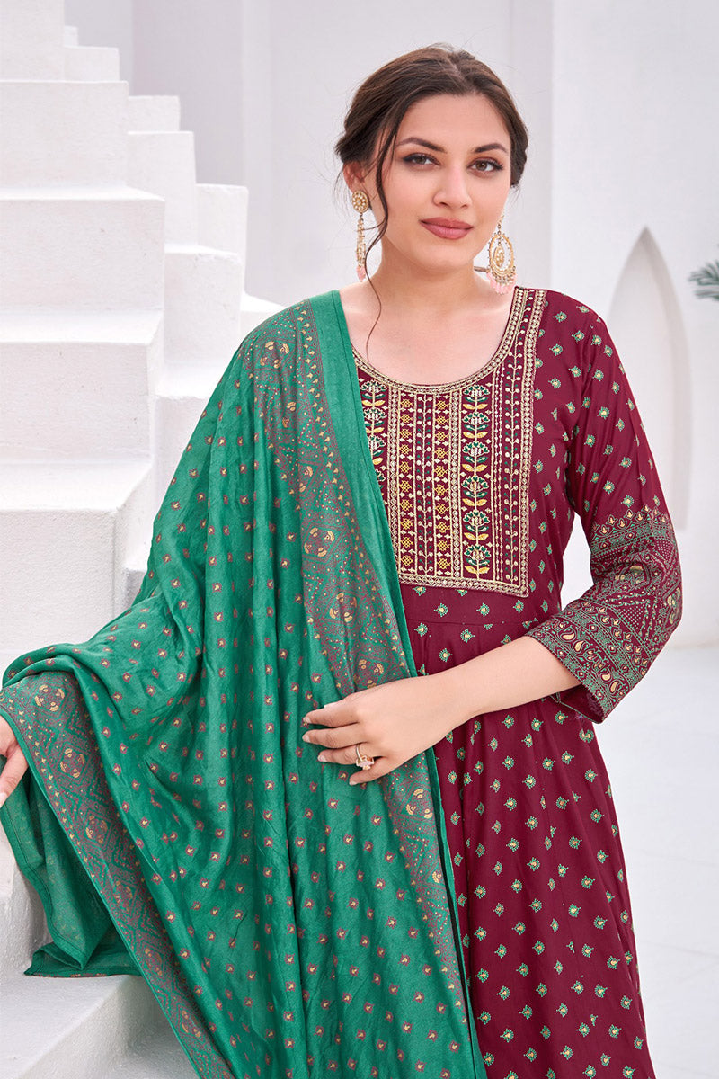 Indian Maroon Anarkali Dress with Gold Embroidery Gown RTI