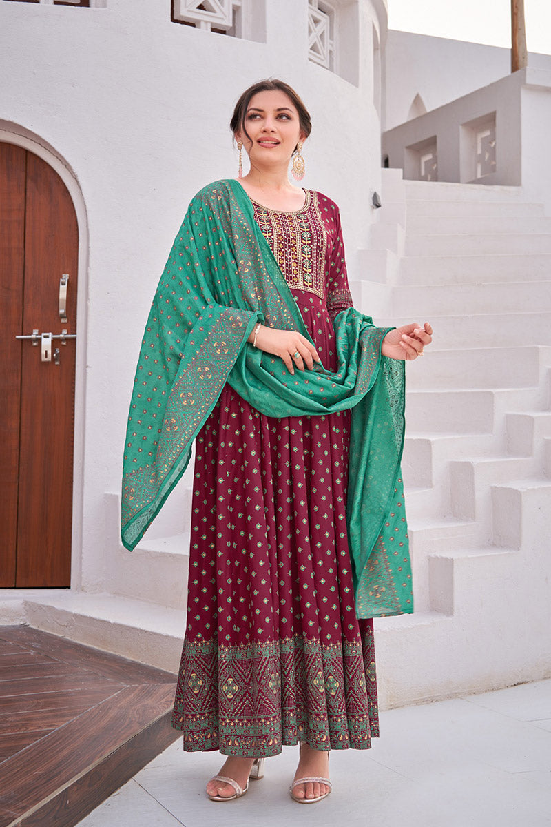 Indian Maroon Anarkali Dress with Gold Embroidery Gown RTI