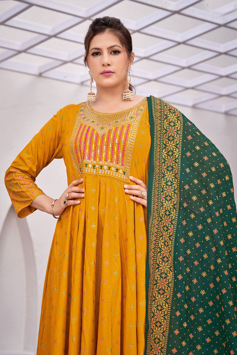 Mustard Embroidered Anarkali Dress with Dupatta RTI
