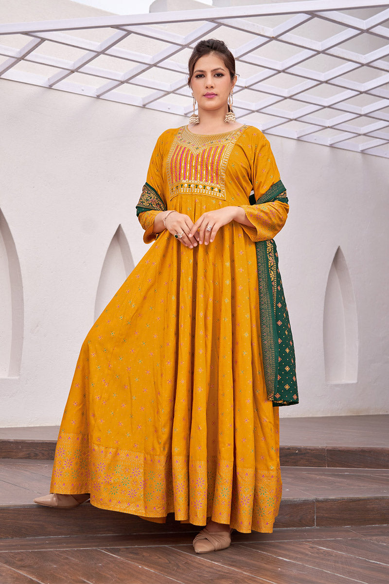 Mustard Embroidered Anarkali Dress with Dupatta RTI
