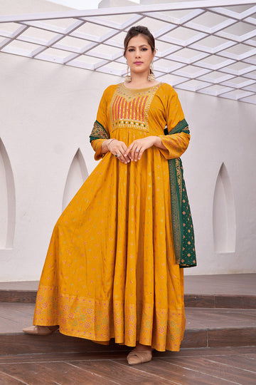 Mustard Embroidered Anarkali Dress with Dupatta RTI