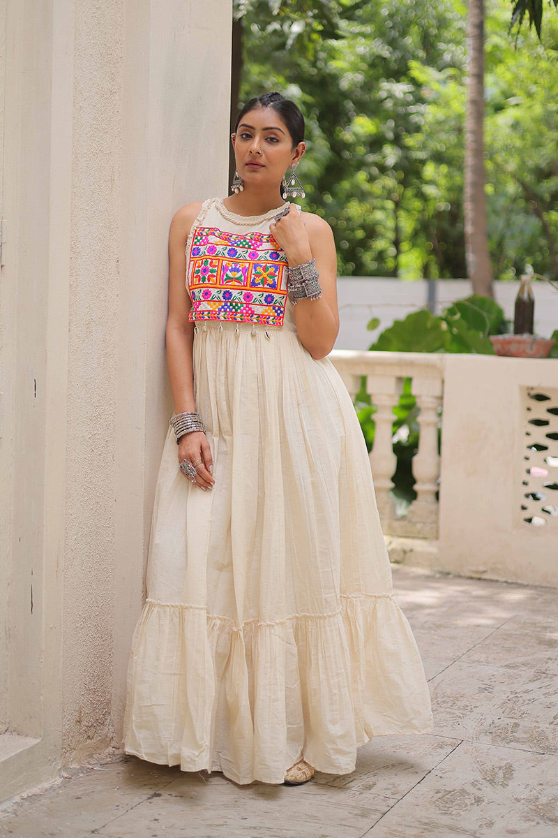 Ivory Halter Maxi Dress with Vibrant Embroidered Bodice RTI