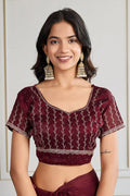 Marron Fendy Chiffon silk Embroidered Function wear Saree RTI
