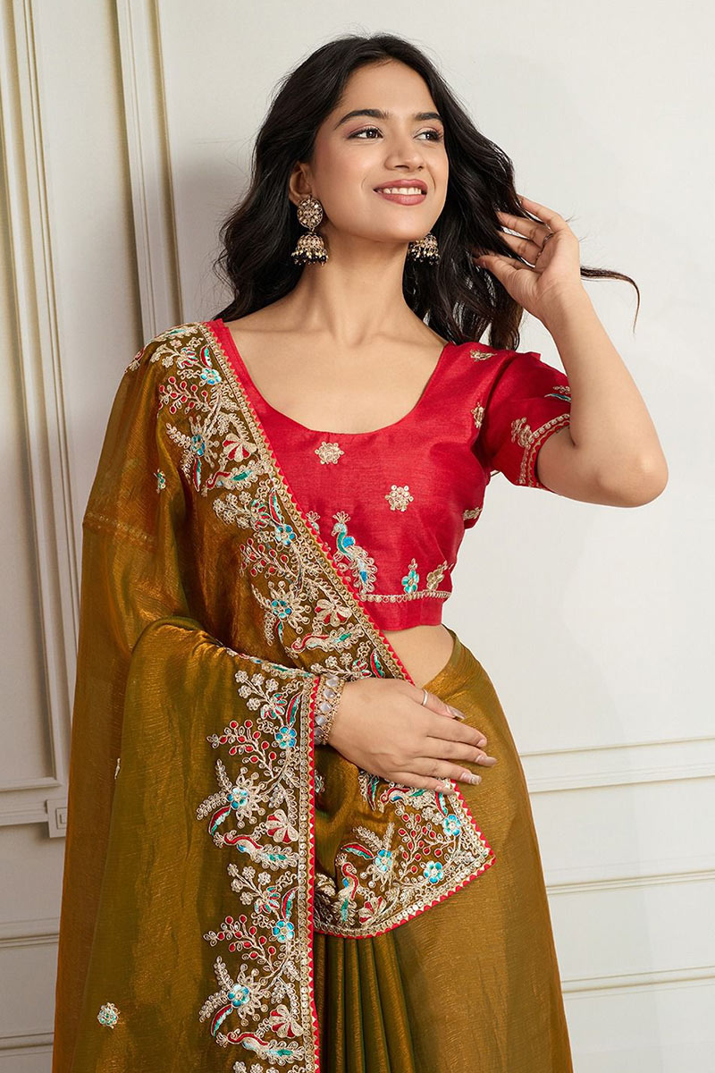 Mehendi Green Fendy Chiffon silk Embroidered Function wear Saree RTI