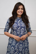 Navy Blue Ikat Print Cotton Kurta Set with Pants – Ethnic Chic PR